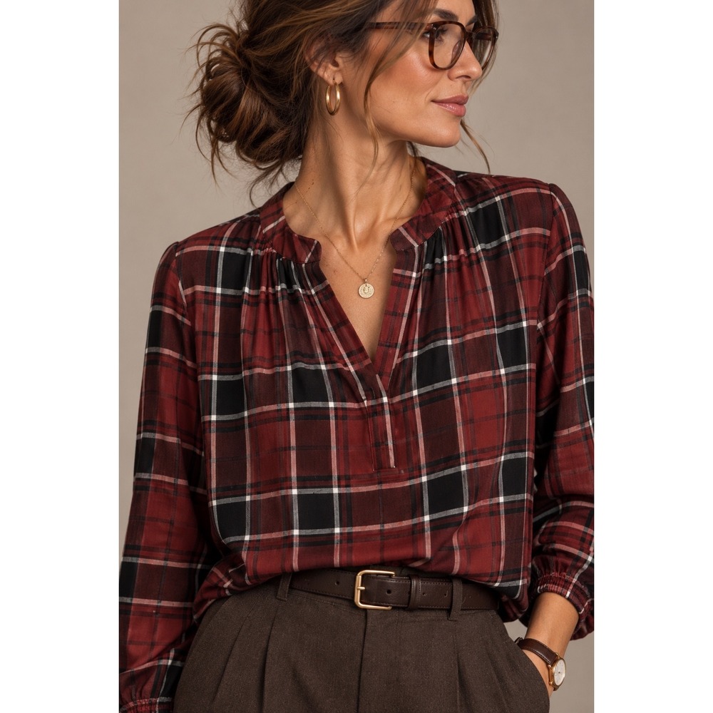 Loft Outlet Women Burgundy Red Plaid Split Neck Long Sleeve Blouse Size M Preppy